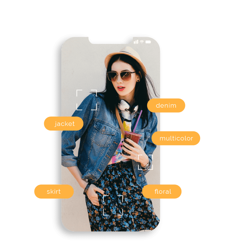 Image of a fashionably dressed woman inset within a mobile phone frame surrounded by attributes of the clothing she is wearing.