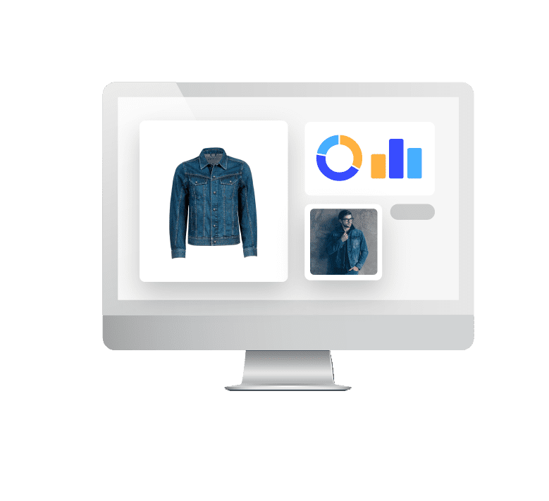Image of a computer monitor featuring an inset image of a denim jacket on the left and charts and a man wearing the jacket on the right