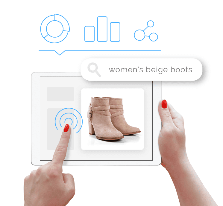 Illustration of a hand pressing on a tablet with an image of beige boots and chart icons representing insightful data