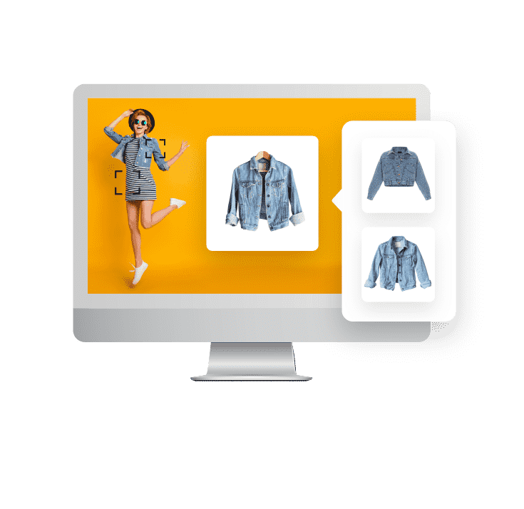 Image of a computer monitor with a photo of a fashionably dressed woman and a focus image off to the right of the denim jacket she is wearing