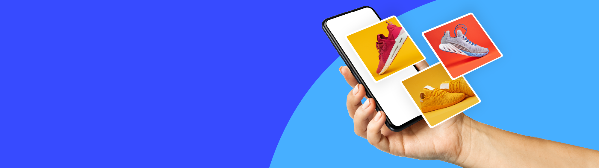 Hand holding a mobile phone with fly out images of red, blue, and yellow sneakers
