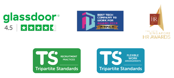 Badges for various workplace awards from Glassdoor, HR Awards, Best Tech Company to Work Fro, Tirpartite Standards