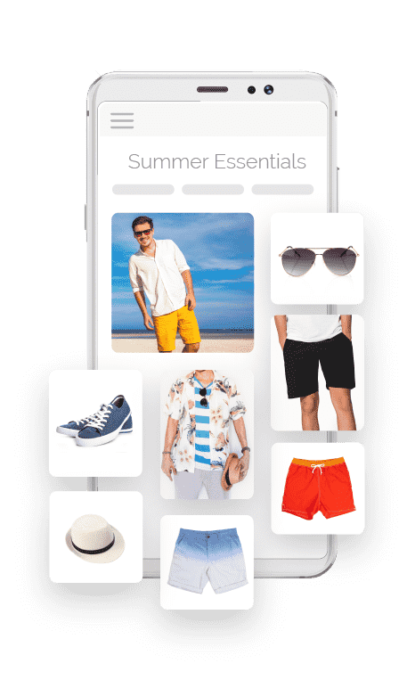 Collage demonstrating Catalog Enrichment featuring image of mobile phone with an inset photo of a man on a beach surrounded by recommended accessories and apparel to go with his Summer Essentials outfit